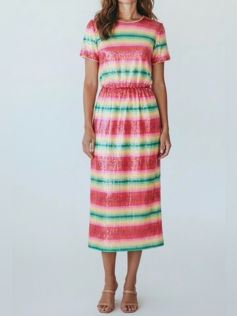 J.Crew AK667 Watermelon Stripe Sequin Midi Dress Size 2 Rainbow Party